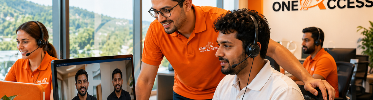 OneAccess engineers collaborating in a modern office